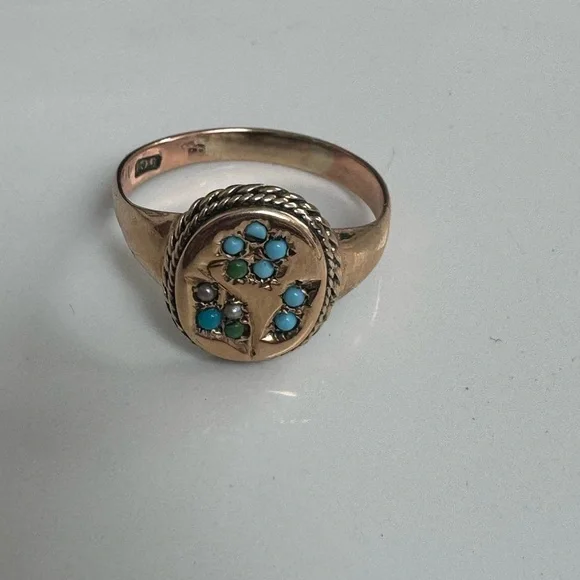 Antique 9k gold signet ring with seed pearls and turquoise flower - Picture 5 of 7